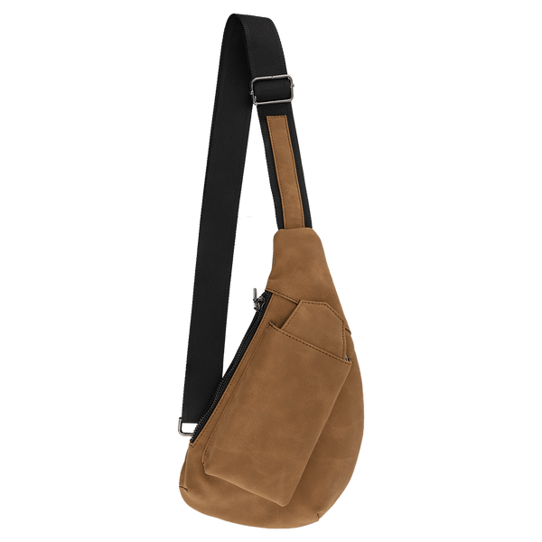 Brown faux-leather sling bag with a black adjustable strap and front pocket against a white background.