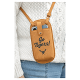 A brown crossbody phone bag printed with 
