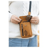 Tan crossbody bag with a vertical zipper and black strap, worn over a white sweater with sunglasses in the open flap.